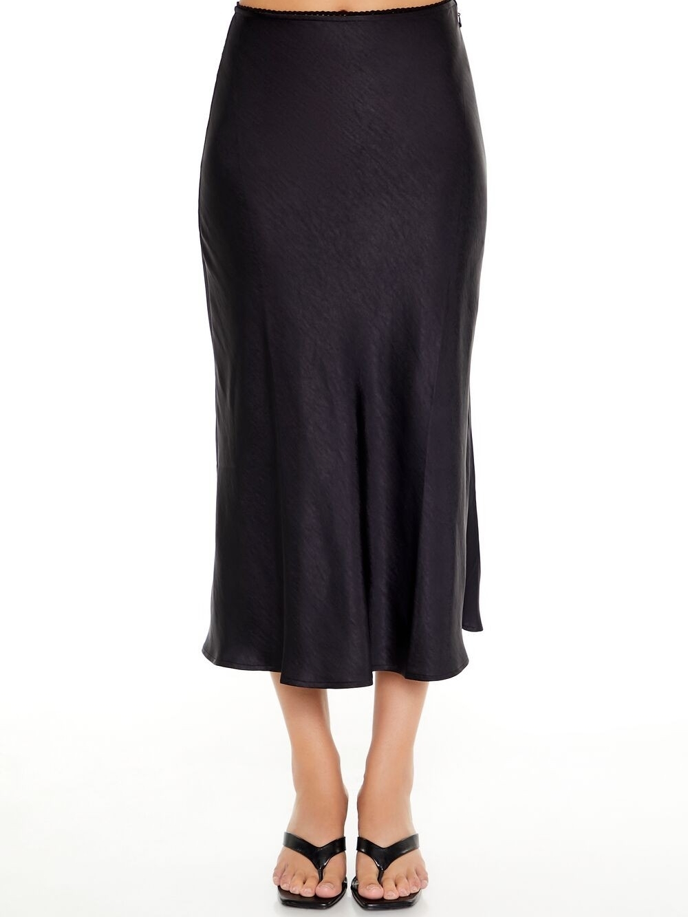 Forever 21 Black Silky Soft Satin Bias-Cut Midi Slip Skirt